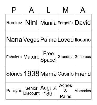 Happy 80th Birthday Palma!!! Bingo Card