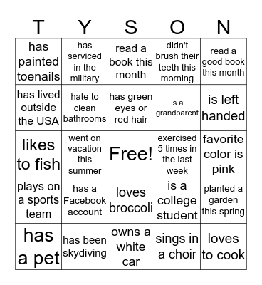 TYSON FAMILY BINGO Card