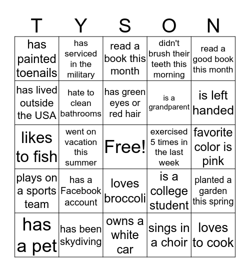 TYSON FAMILY BINGO Card