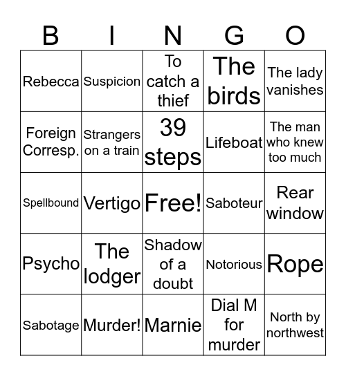 Hitchcock's movies Bingo Card