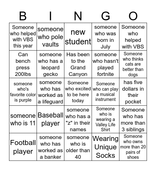 5 Minute Bingo Card