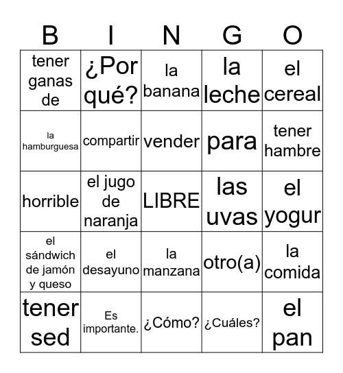 Español 1 - U3L1 Bingo Card