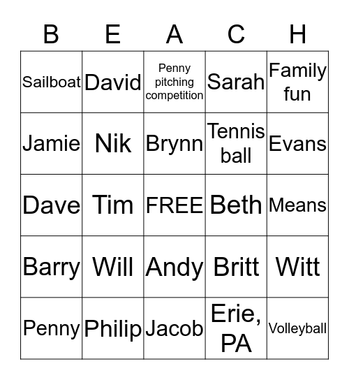 BEACH BINGO Card