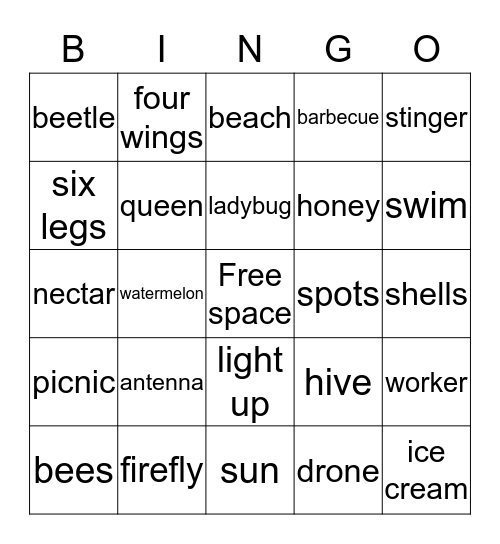 Insects & Summer Bingo Card