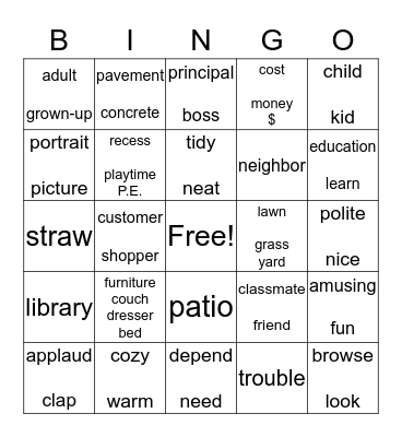 Readiness R.1 Amazing Words Bingo Card