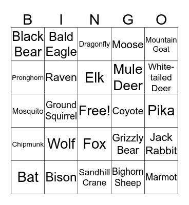 Wilderness Wildlife Bingo Card