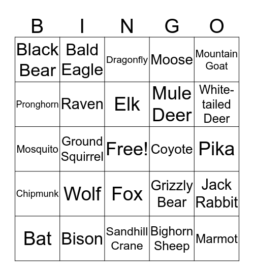 Wilderness Wildlife Bingo Card