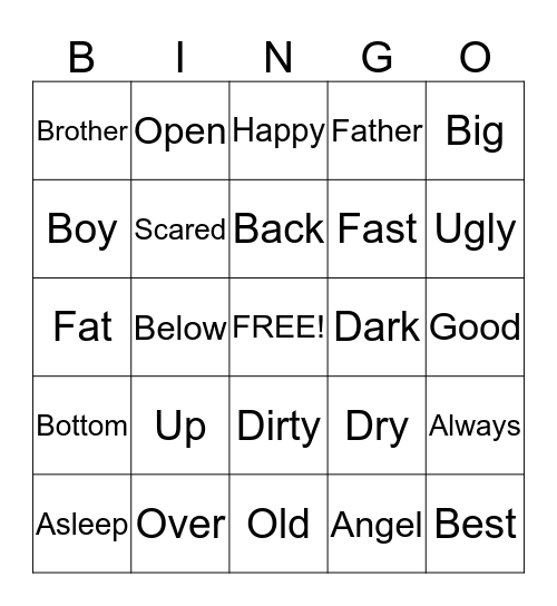 Opposites Bingo Card