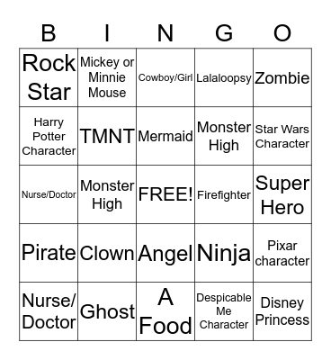 Halloween Costume Bingo Card