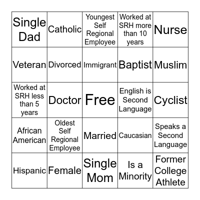Self Regional Inlcusion Scavneger Hunt Bingo Card
