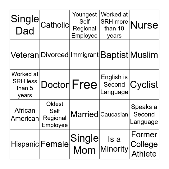 Self Regional Inlcusion Scavneger Hunt Bingo Card