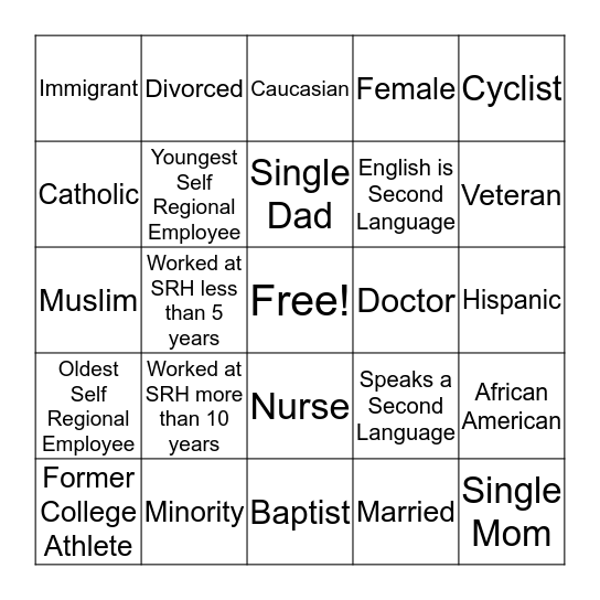 Self Regional Inclusion Scavenger Hunt Bingo Card