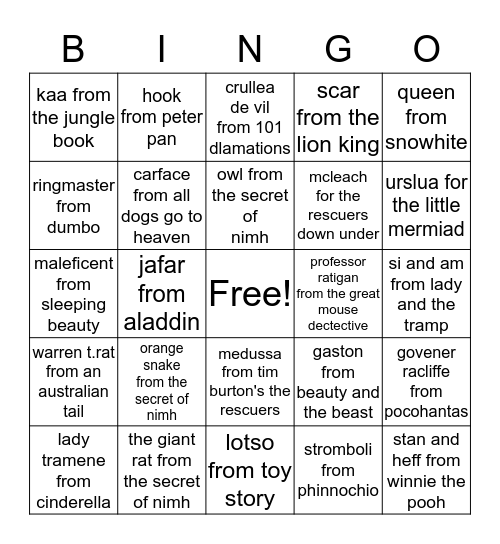 villains Bingo Card