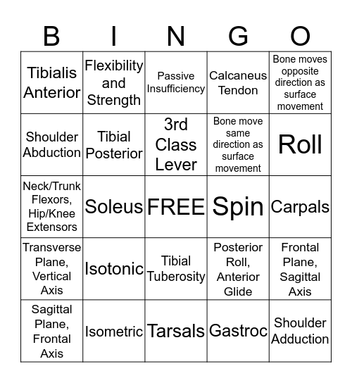 Kinesiology Bingo Card