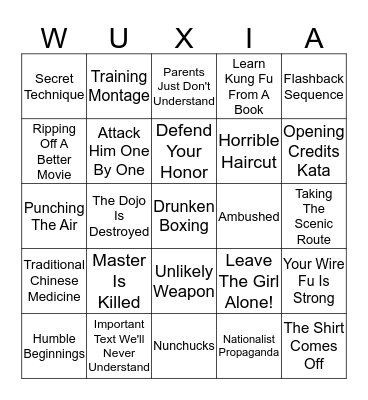 Kung Fu Movie Tropes Bingo Card