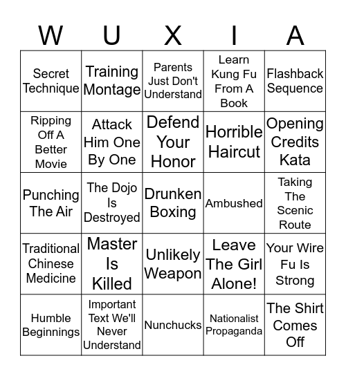 Kung Fu Movie Tropes Bingo Card