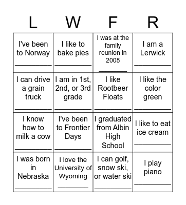 Lerwick Family Reunion Bingo! Bingo Card