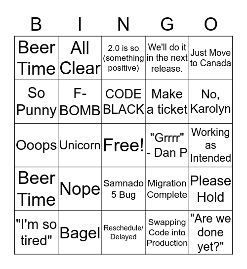 Release 2.0 Bingo! Bingo Card
