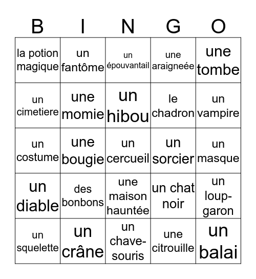 French Halloween Bingo Card