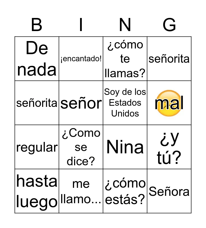 Spanish Unit 1 Bingo Card