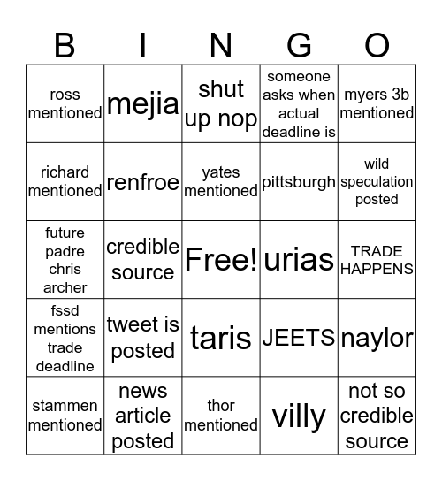 Trade Deadline Bingo Card