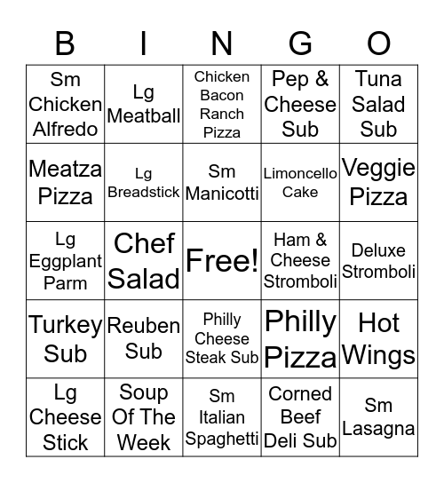 Dominics Pizzeria Bingo Card