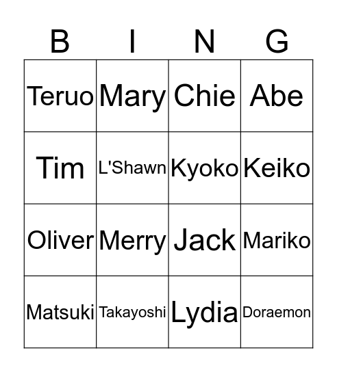 Names Bingo Card