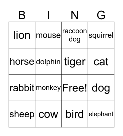 SSET Animal Bingo Card