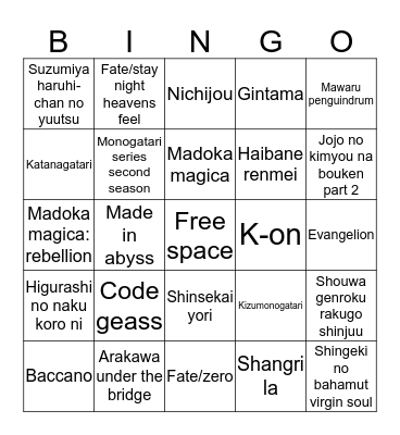 Favourite Anime Bingo Card