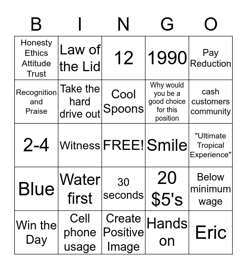 Bahama Buck's Bingo Card