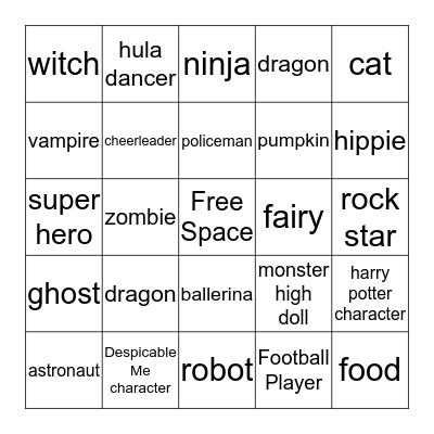 Halloween Costume Bingo Card