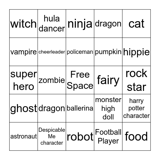 Halloween Costume Bingo Card