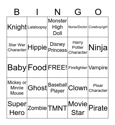 Halloween Costume Bingo Card