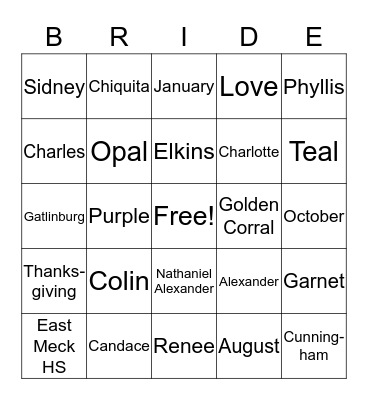 Colin and Candace Bingo Card