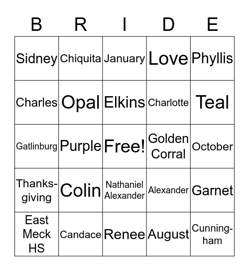 Colin and Candace Bingo Card