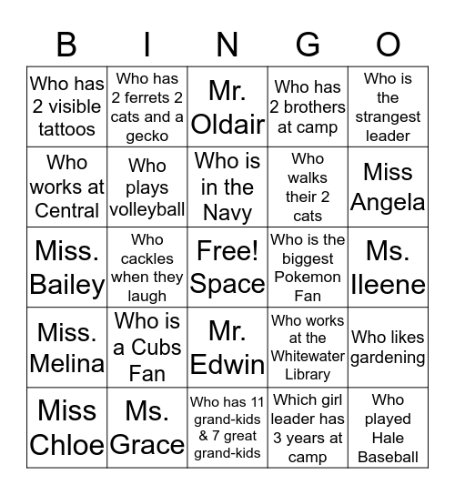 Hale Camp - Leader Bingo Card