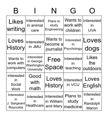 College Session Bingo Card