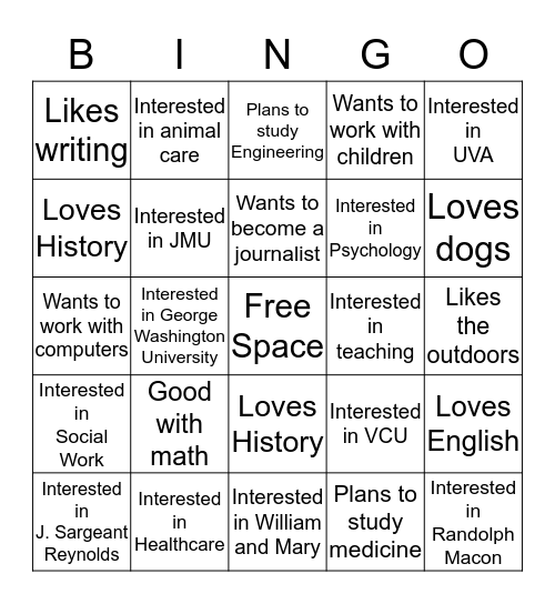 College Session Bingo Card