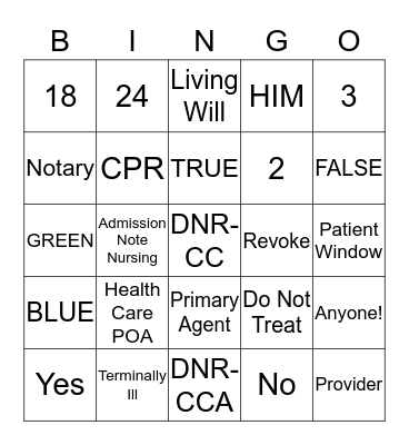 Advance Directive Bingo Card