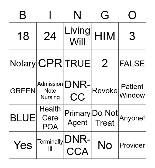 Advance Directive Bingo Card