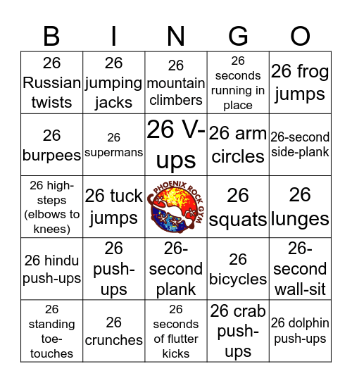 PRG's 26th Bday Workout Bingo Card