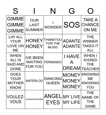 249 MAMMA MIA! MOVIE SOUNDTRACK Bingo Card