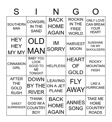 251 NEIL YOUNG VS JOHN DENVER Bingo Card
