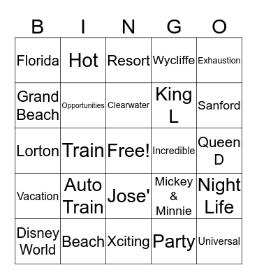 Disney World Vacation Bingo Card