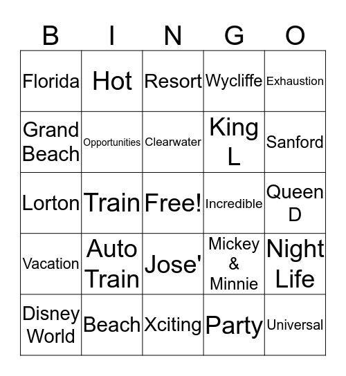 Disney World Vacation Bingo Card