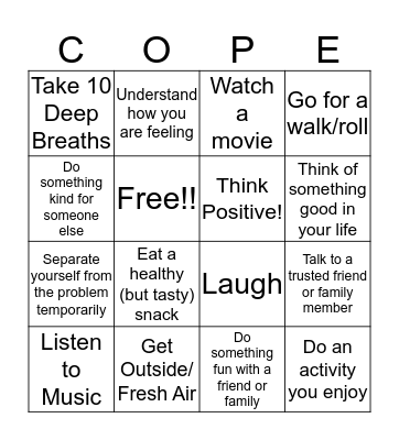 Coping Strategy  Bingo Card