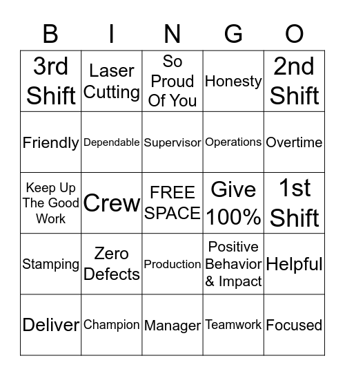 Employee Appreciation Bingo Card