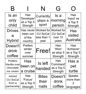 CU SoCal Human Bingo Card