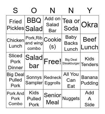 Sonnys BBQ Bingo Card