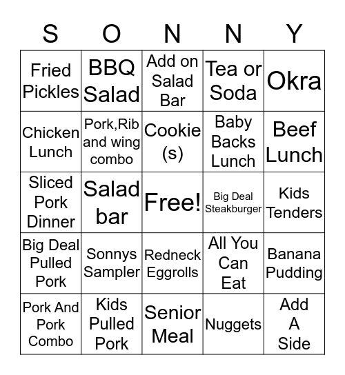 Sonnys BBQ Bingo Card
